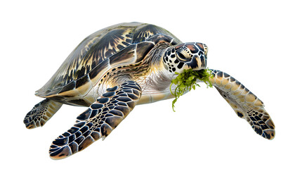Fototapeta premium Sea turtle eating seaweed isolated on transparent background.