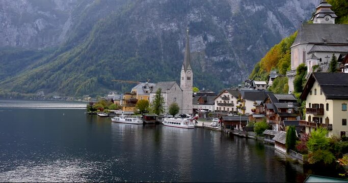 Scenic view of beautiful Hallstatt town and Hallstattersee in Austria.