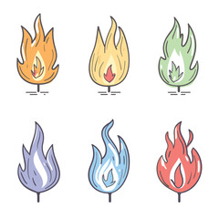 Six colorful flame icons representing different elements, cartoon style design, fire symbol distinct, depicting magical elemental flames. Orange, yellow, green, purple, blue, red fire images