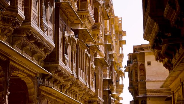 Heritage building in Rajasthan, India made of yellow limestone known as the Patwon ki Haveli in Jaisalmer city in India