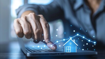 Fototapeta premium Businessman Holding Virtual Home Icon and trading Up and Down