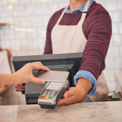 Cafe, phone or hands of customer with man server for coffee shop pos payment, commerce and machine...
