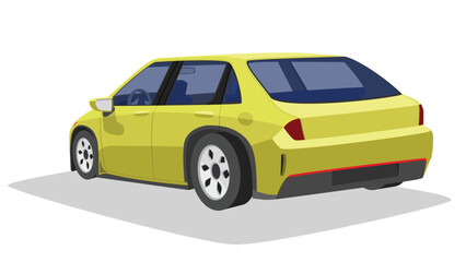 Perspectives rear side view of sedan yellow car. Can see interior of car. Isolated of white background.
