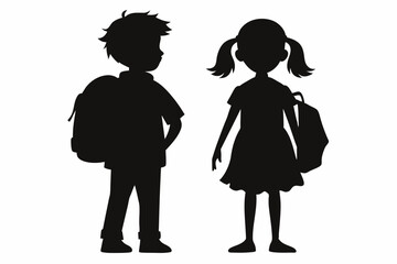 A Girl and Boy Back to School - Black Silhouette.