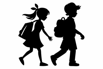 A Girl and Boy Back to School - Black Silhouette.