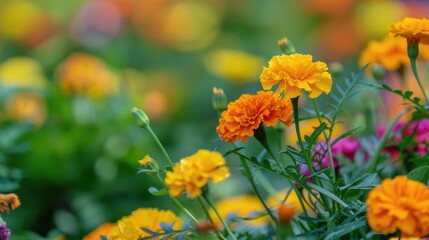 Colorful yellow marigold blossom in the field and garden