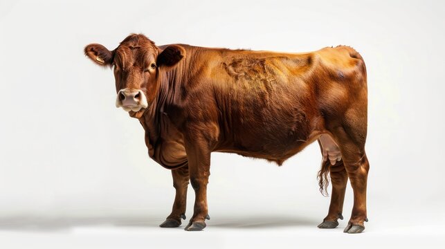 Red angus isolated on white background. Slaughter farm brown cow. Quality meat farming.