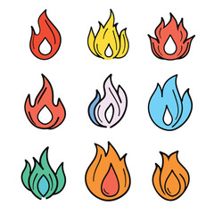 Collection colorful flame icons, various fire shapes, graphic elements isolated white background. Different stylized fire symbols, cartoon flames, vibrant colors, design set logo decoration