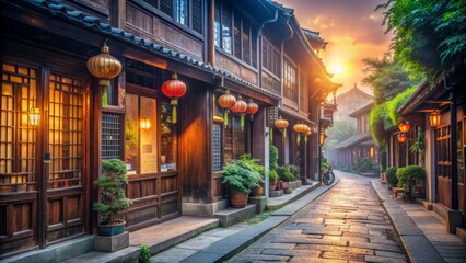 Fototapeta premium A narrow street with many shops and houses