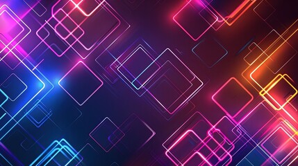 Fototapeta premium Abstract dark background Neon glow of geometric squares, mosaic of illuminated shapes for vibrant digital interface or dynamic graphic design element, cubes, lines, tile