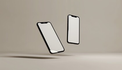 Two cell phones are floating in the air, one on top of the other