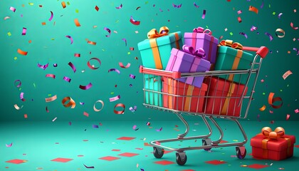 A shopping cart full of colorful presents is surrounded by confetti