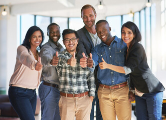 Business people, team and thumbs up with portrait in office for good job, project success and...