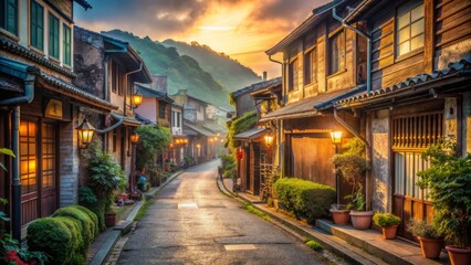 Fototapeta premium A narrow street with many shops and houses