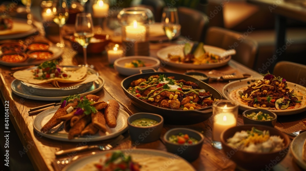 Wall mural A table with Mexican dishes. Traditional Mexican dishes like tacos, enchiladas, guacamole, and churros are beautifully laid out on the table.