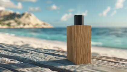 A bottle of cologne sits on a wooden table on a beach