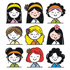 Nine cartoon female characters, distinct hairstyles accessories, smiling faces. Characters display various hair colors, flowers, headbands, cultural attire, suggesting diversity. Illustration uses