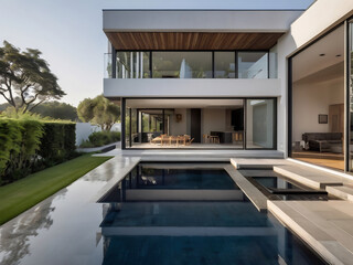 Fototapeta premium Minimalist modern house with outdoor living space and swimming pool. Contemporary urban living concept.