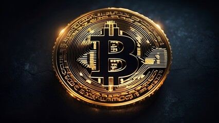 Glowing Bitcoin on a Dark Background. 3D render