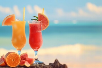 Obraz premium Two tropical fresh juices on tropical beach. generative ai.
