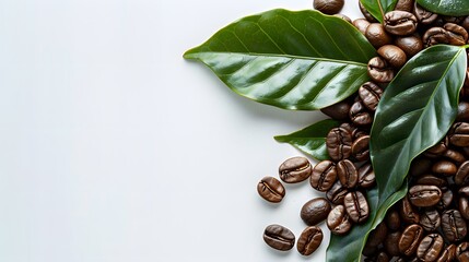 Obraz premium Fresh brown roasted coffee beans and leaves copy space isolated on white background