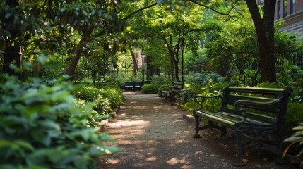 Outdoor park city, Wooden bench in the middle of a shady tree garden park during the day.