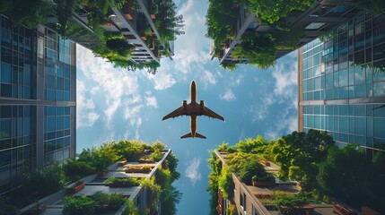 Airplane flying over the city skyscraper green buildings surreal landscape, modern luxury architecture one point perspective view, futuristic optical visual 3d digital artwork illustration.