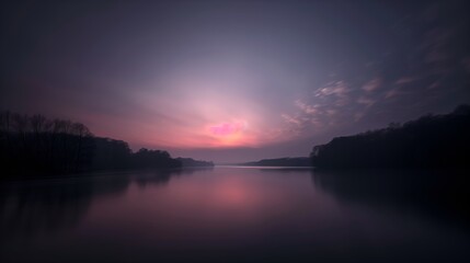 Obraz premium Tranquil Lake at Dawn with Purple Sky. Serene Nature Photography. Peaceful Landscape Photography.