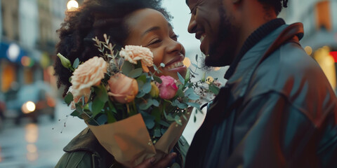 Man giving a bouquet of flowers to his girlfriend