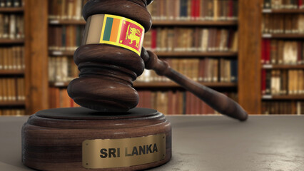 Sri Lanka Flag on Judge Gavel or Hammer in Court with Country Name. Legal System 3D Illustration