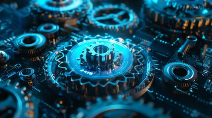 Mechanical Gears and Circuit Board in Futuristic Blue Light, Generative AI