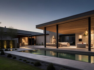 Fototapeta premium Minimalist modern house with outdoor living space and swimming pool. Contemporary urban living concept.
