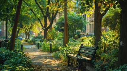 Wooden bench in the middle of a shady tree garden park during the day.