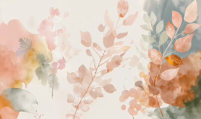 Abstract botanical illustration with pink and orange flowers and leaves with a muted background. Watercolor painting style for design and print. Nature and floral theme