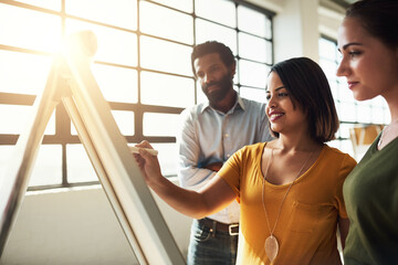 Whiteboard, brainstorming and business people in meeting, cooperation for project and about us. Group, employees and writing for feedback, review and teamwork with information for company or startup