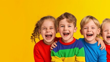 Fototapeta premium Three kids in bright clothes and sunglasses laughing against a yellow background.