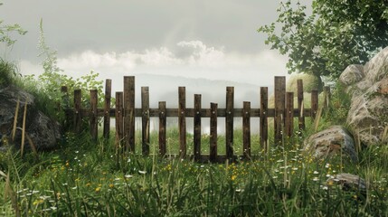 Fototapeta premium Unveiling wooden barrier against a backdrop of nature