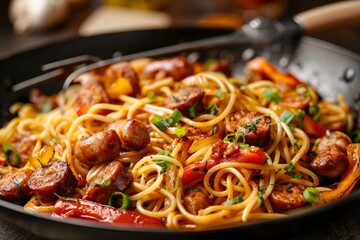 Spicy spaghetti stir fry with sausage - generative ai