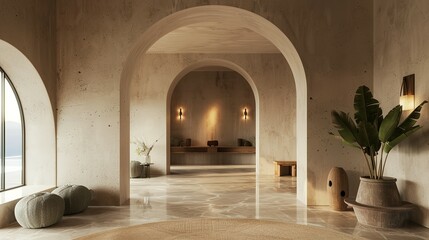 Fototapeta premium Discover an Enchanting Entryway and Hallway, Adorned with Arched Walls, Embracing the Warmth of Mediterranean and Boho Styles