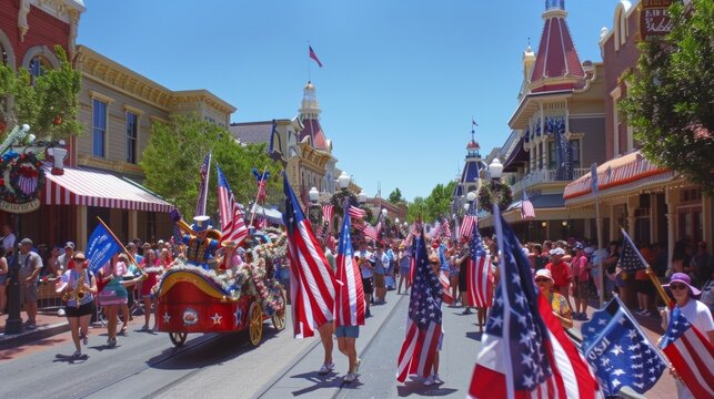 A lively Fourth of July parade featuring marching bands colorful floats