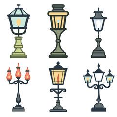 Six vector illustrations street lamps different styles. Vintage modern street lights feature classic designs colored soft pastel shades. Ideal graphic design topics urban lighting, historical