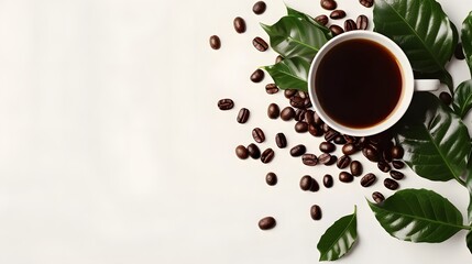 Obraz premium top view coffee with coffee bean and leaf