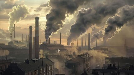 Smokestack 1900s industry 1.0 Thick smoke from air pollution from industrial factory chimneys that use coal as fuel.