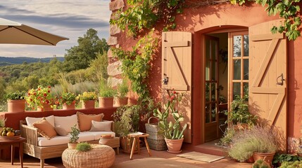 Naklejka premium Outdoor seating area with Scandinavian design and neutral tones.