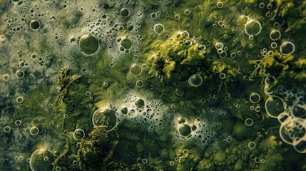 Fototapeta premium Texture with water foam bubbles covered in moss on the surface an artistic backdrop