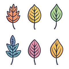 Six colorful stylized leaves arrange horizontally two rows, leaf has distinct shape color gradient representing different tree species. Graphic design element ecology themes, nature patterns