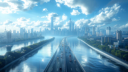 Fototapeta premium View of modern city background with building and highway