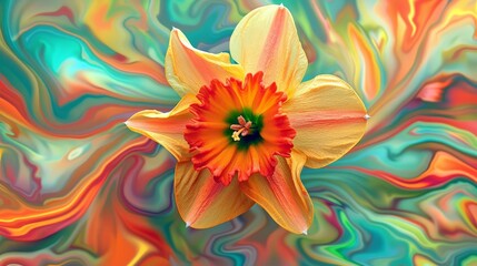 Obraz premium Daffodil pattern in psychedelic style, vibrant and surreal, bold colors, abstract forms
