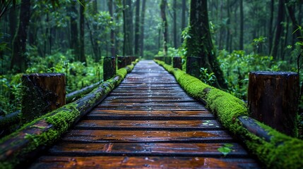 Obraz premium A path of old wooden planks in the middle of the forest