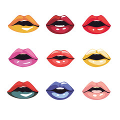 Set vector lips illustrations showing diverse lipstick colors. Various mouth expressions depicted, sensual, smiling, open mouth. Closeup female lips, makeup, beauty, fashion concept isolated white
